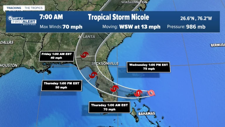 Se forma el huracán Nicole cerca de la costa este de la Florida, con vientos de 75 millas por hora